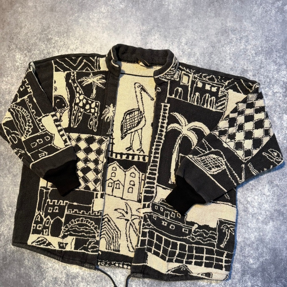 Ann Maurice Vintage Cotton Knit Cardigan Sweater Jacket Abstract Animal Print L